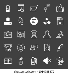 set of phone, click, sign agreement, chat, like, call, menu, map pin, shopping bill, badge, van, worker, hammer, mail, pencil, equalizer, business growth, mute, building, stopwatch vector icon