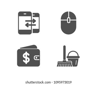 Set of Phone communication, Dollar wallet and Computer mouse icons. Bucket with mop sign. Incoming and outgoing calls, Cash money, Pc equipment. Cleaner equipment.  Quality design elements. Vector