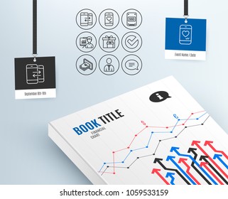 Set of Phone communication, Presentation and Verify icons. Love chat, Delivery boxes and Cash signs. Human, Ssd and Chat symbols. Incoming and outgoing calls. Education board. Selected choice. Vector