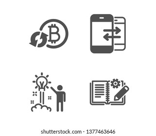 Set of Phone communication, Refresh bitcoin and Creative idea icons. Engineering documentation sign. Incoming and outgoing calls, Update cryptocurrency, Startup. Manual. Vector