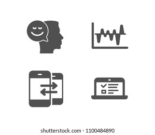 Set of Phone communication, Stock analysis and Good mood icons. Web lectures sign. Incoming and outgoing calls, Business trade, Positive thinking. Online test.  Quality design elements. Classic style