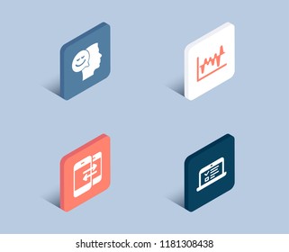 Set of Phone communication, Stock analysis and Good mood icons. Web lectures sign. Incoming and outgoing calls, Business trade, Positive thinking. Online test.  3d isometric buttons. Vector