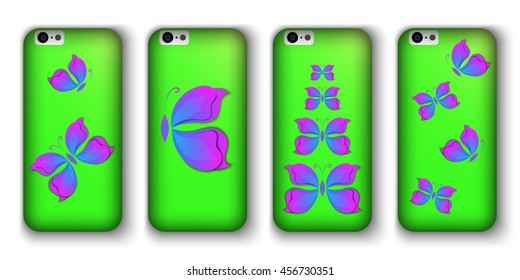 set of phone covers with 3d paper colorful butterfly. Vector illustration