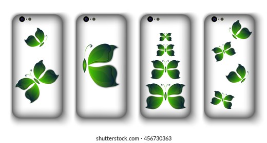 set of phone covers with 3d paper colorful butterfly. Vector illustration
