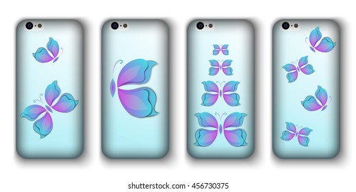 set of phone covers with 3d paper colorful butterfly. Vector illustration