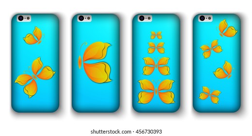 set of phone covers with 3d paper colorful butterfly. Vector illustration