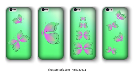set of phone covers with 3d paper colorful butterfly. Vector illustration