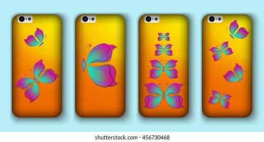 set of phone covers with 3d paper colorful butterfly. Vector illustration