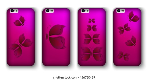 set of phone covers with 3d paper colorful butterfly. Vector illustration