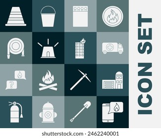 Set Phone with emergency call 911, Building of fire station, Ambulance and car, Open matchbox matches, Flasher siren, Fire hose reel, Traffic cone and burning building icon. Vector