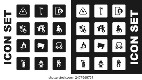 Set Phone with emergency call 911, Fire in burning house, protection shield, flame triangle, Burning forest tree, Firefighter axe, Gas mask and Hand holding fire icon. Vector