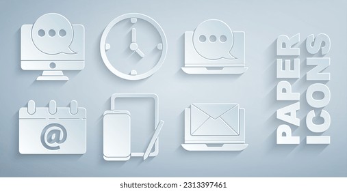 Set Phone and graphic tablet, Chat messages notification laptop, Calendar with email, Laptop envelope, Clock and monitor icon. Vector