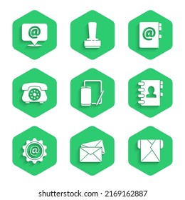 Set Phone and graphic tablet, Envelope, Address book, Mail e-mail, Telephone,  and  icon. Vector