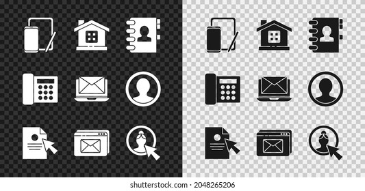 Set Phone and graphic tablet, House, Address book, Document cursor, Website envelope, Create account screen, Telephone and Laptop with icon. Vector