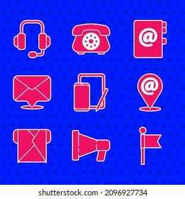 Set Phone and graphic tablet, Megaphone, Location marker, mail e-mail, Envelope, Address book and Headphones icon. Vector