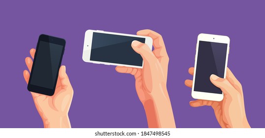 Set of Phone in Hand vector. Vector Hand in template cellphone screen for design editable mockup. Concept of hand position in different poses. Vector 