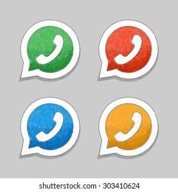 Set of phone handset in bubble speech. Vector pencil drawings