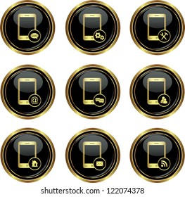 Set of phone icons with different menu on the black with gold round button. Vector illustration