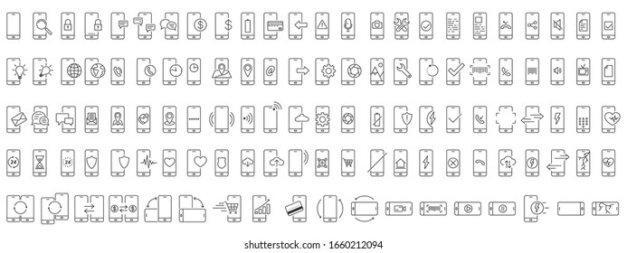 Set von Telefonicons in linearem Design. Verschiedene Funktionen und Apps für Smartphone. Dünne lineare Vektorsymbole