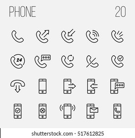Set of phone icons in modern thin line style. High quality black outline communication symbols for web site design and mobile apps. Simple linear phone pictograms on a white background.