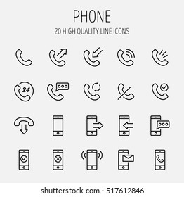 Set of phone icons in modern thin line style. High quality black outline communication symbols for web site design and mobile apps. Simple linear phone pictograms on a white background.