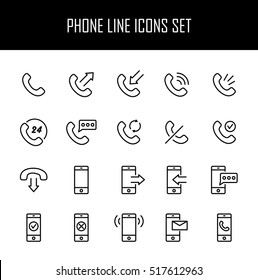 Set of phone icons in modern thin line style. High quality black outline communication symbols for web site design and mobile apps. Simple linear phone pictograms on a white background.