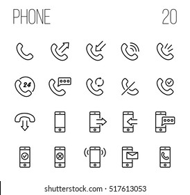 Set of phone icons in modern thin line style. High quality black outline communication symbols for web site design and mobile apps. Simple linear phone pictograms on a white background.