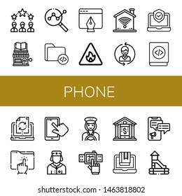 Set of phone icons such as Networking, Book shop, Analytics, Coding, Tablet, Fire sign, Wifi, Contact us, Laptop, Data synchronization, Directory, Smartphone, Nurse, Taxi driver , phone