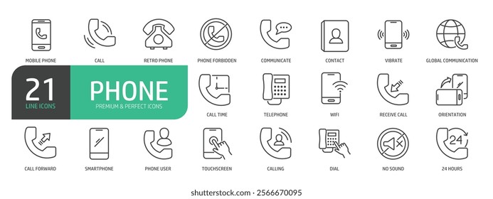 Set Of Phone Line Icons. The set includes a Telephone, Mobile Phone, Contact, Wifi, Communicate, Phone User, Touchscreen, Global Communication.