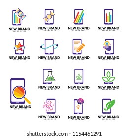 Set of phone logo template, biology laps icon, touch, green or leaf, find, note, star, stats or finance.