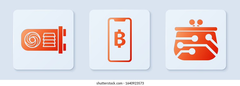 Set Phone mobile and cryptocurrency coin Bitcoin, Mining farm and Cryptocurrency wallet. White square button. Vector