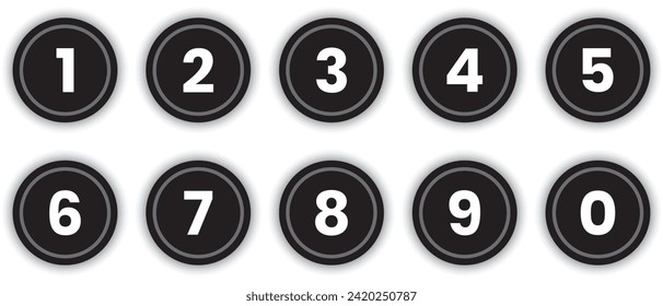 Juego de números de teléfono en el botón. Símbolos del número de código del pasador de bloqueo seguro. Conjunto de círculo negro con los números 0 a 19. ilustración vectorial.