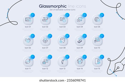 Set of Phone pay, World statistics and Survey progress line icons for web app. Calendar, Bid offer, Augmented reality icons. Checkbox, Upload photo, Floor plan signs. Loyalty program. Vector