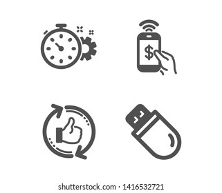 Set of Phone payment, Cogwheel timer and Refresh like icons. Usb stick sign. Mobile pay, Engineering tool, Thumbs up counter. Memory flash.  Classic design phone payment icon. Flat design. Vector