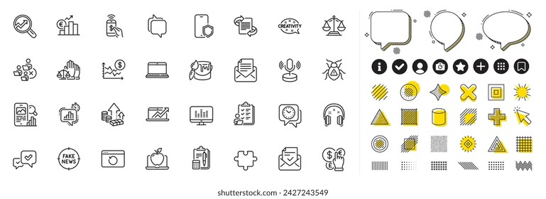 Set of Phone payment, Euro rate and Approve line icons for web app. Design elements, Social media icons. Microphone, Phone protect, Software bug icons. Vector