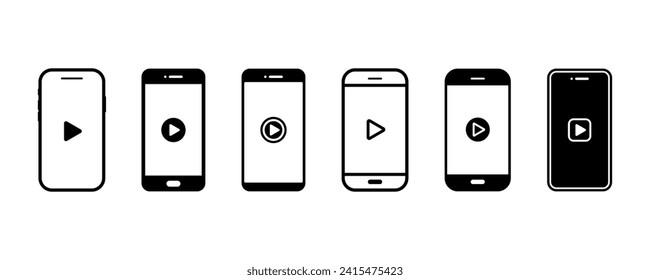Set of phone with play buttons. Smartphone with black play video or music buttons.