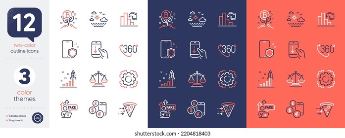 Set of Phone protect, Fake internet and Food delivery line icons. Include Bitcoin project, Justice scales, 360 degree icons. Currency rate, Decreasing graph, Development plan web elements. Vector