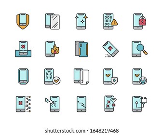 Set of Phone Repair Color Line Icons. Mobile Spam, Protective Glass and more.