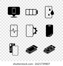 Set Phone repair service, Battery, Waterproof phone, Mobile with broken screen, Glass protector,  and  icon. Vector