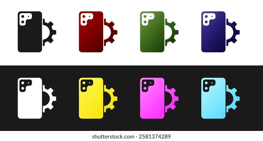 Set Phone repair service icon isolated on black and white background. Adjusting, service, setting, maintenance, repair, fixing.  Vector