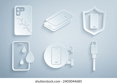 Set Phone repair service, Mobile with shield, Waterproof phone, USB cable cord, Glass screen protector and broken icon. Vector