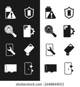 Set Phone repair service, System bug, Smartphone battery charge, Mobile with shield, Shockproof, Glass screen protector and Micro SD memory card icon. Vector
