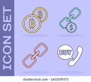 Establezca la burbuja de teléfono y voz con Comprar, la moneda de criptografía Bitcoin, Enlace de cadena y Enlace de cadena e icono de moneda. Vector