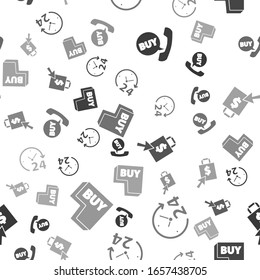Set Phone and speech bubble with Buy, Clock 24 hours, Shoping bag and dollar and Buy button on seamless pattern. Vector