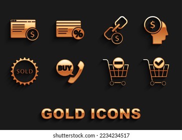 Establezca la burbuja de teléfono y voz con Buy, Business man Planning mente, Shopping Cart check mark, Remove shopping, Sold label, Chain link coin, Online screen y Discount card%icon. Vector