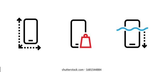 Set of Phone tech specs icons. Editable line vector. Smartphone icon with arrow around perimeter, gadget rectangular shape weight symbol, display with a blue wave depth arrow. Group pictogram.