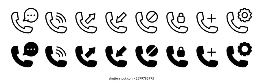 set of phone thin line and silhouette icon. contact us, call sign simple style icon collections. vector illustration