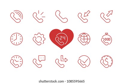 Set of phone vector line icons. It contains the symbols of incoming, outgoing, missed calls, global call and round the clock online support and much more. Editable move. 32x32 pixels.