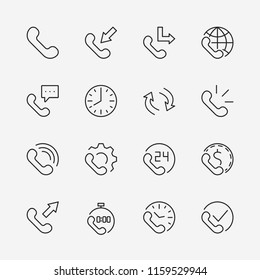 Set of phone vector line icons. It contains the symbols of incoming, outgoing, missed calls, global call and round the clock online support and much more. Editable move. 32x32 pixels.