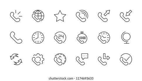 Set of phone vector line icons. It contains the symbols of incoming, outgoing, missed calls, global call and round the clock online support and much more. Editable move. 32x32 pixels.